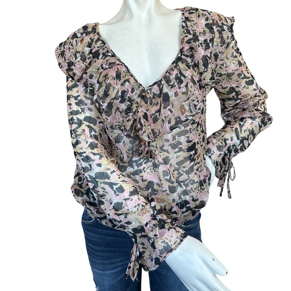 Walter Baker Sheer Ruffled Black & Pink & Gold Long Sleeve Blouse Size Medium - Picture 1 of 12